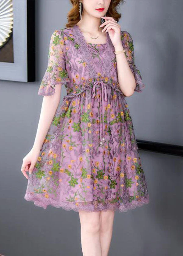 Style Purple Embroideried Lace Up Lace Maxi Dresses Summer - Image 3