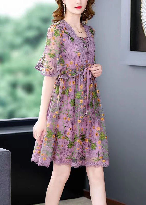 Style Purple Embroideried Lace Up Lace Maxi Dresses Summer - Image 4