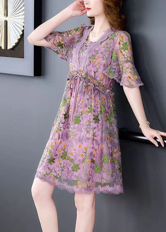 Style Purple Embroideried Lace Up Lace Maxi Dresses Summer - Image 5