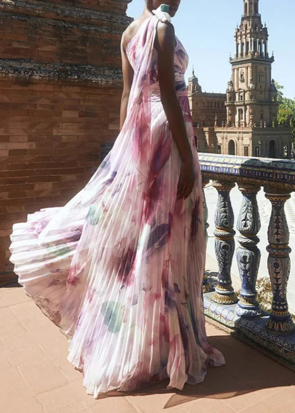 Style Purple One Shoulder Print Exra Large Hem Chiffon Dress Summer - Image 2
