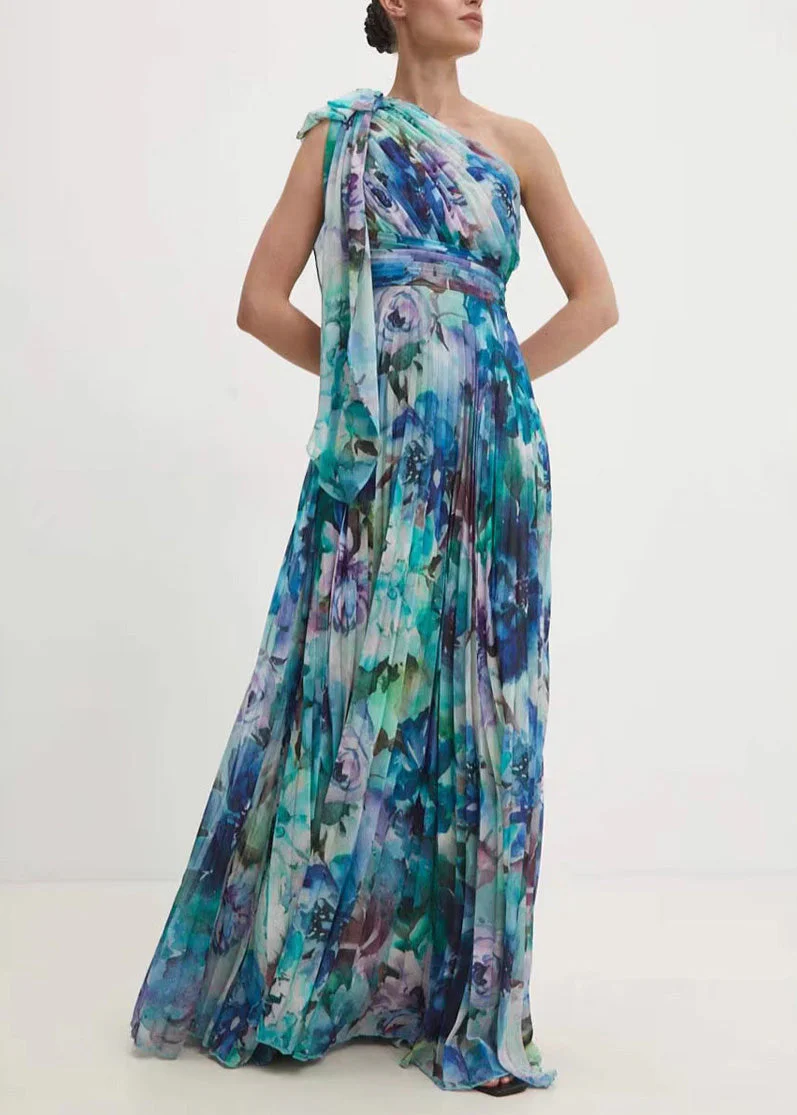 Style Purple One Shoulder Print Exra Large Hem Chiffon Dress Summer - Image 3