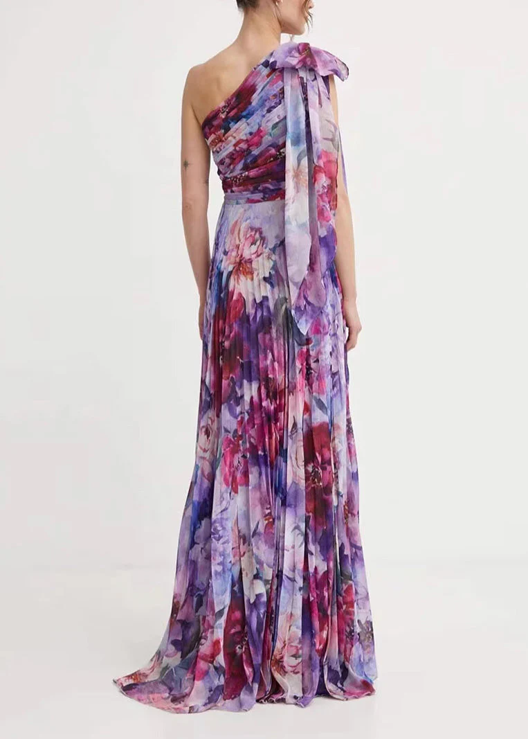 Style Purple One Shoulder Print Exra Large Hem Chiffon Dress Summer - Image 4