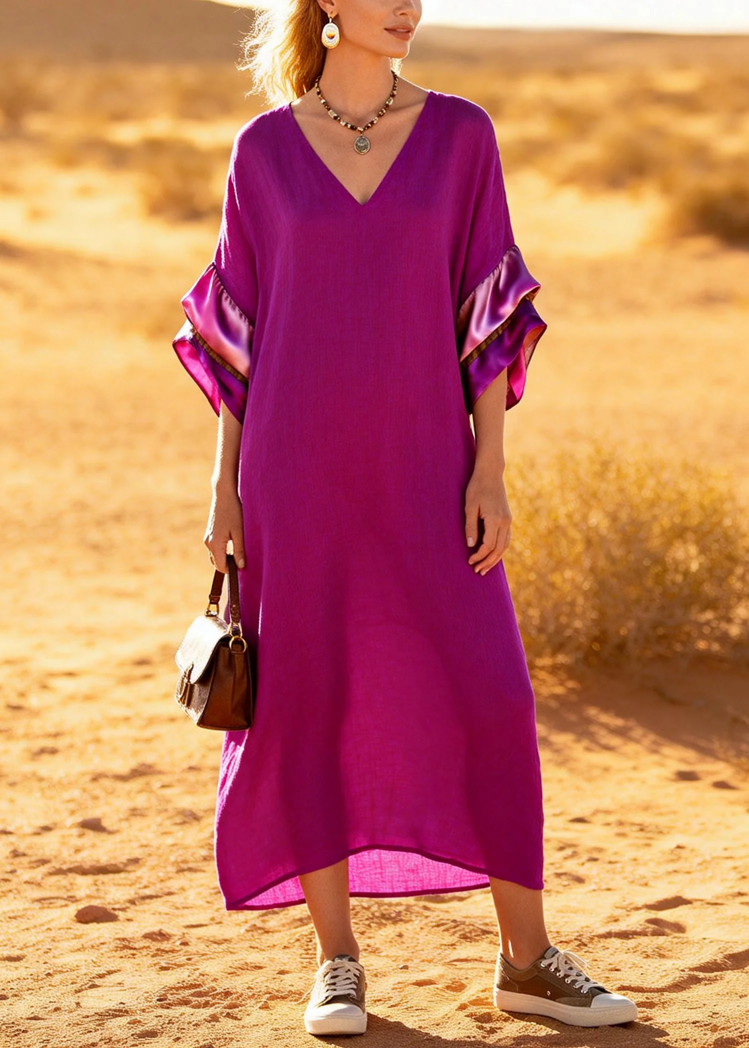Style Purple Oversized Patchwork Cotton Holiday Dress Summer - Image 3