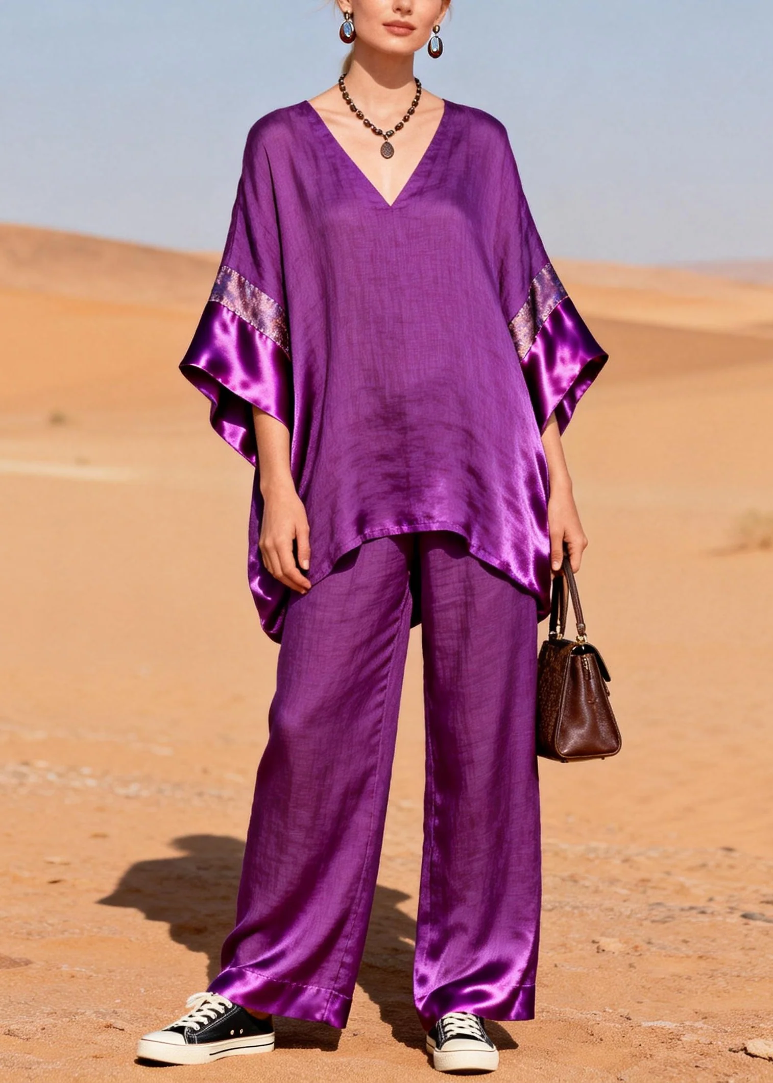 Style Purple Oversized Patchwork Silk Linen Two Pieces Set Summer