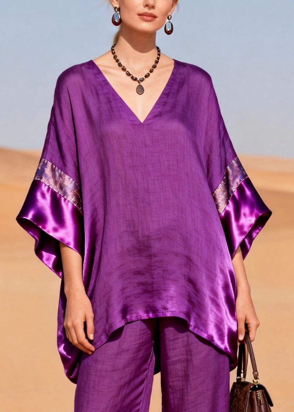 Style Purple Oversized Patchwork Silk Linen Two Pieces Set Summer - Image 2