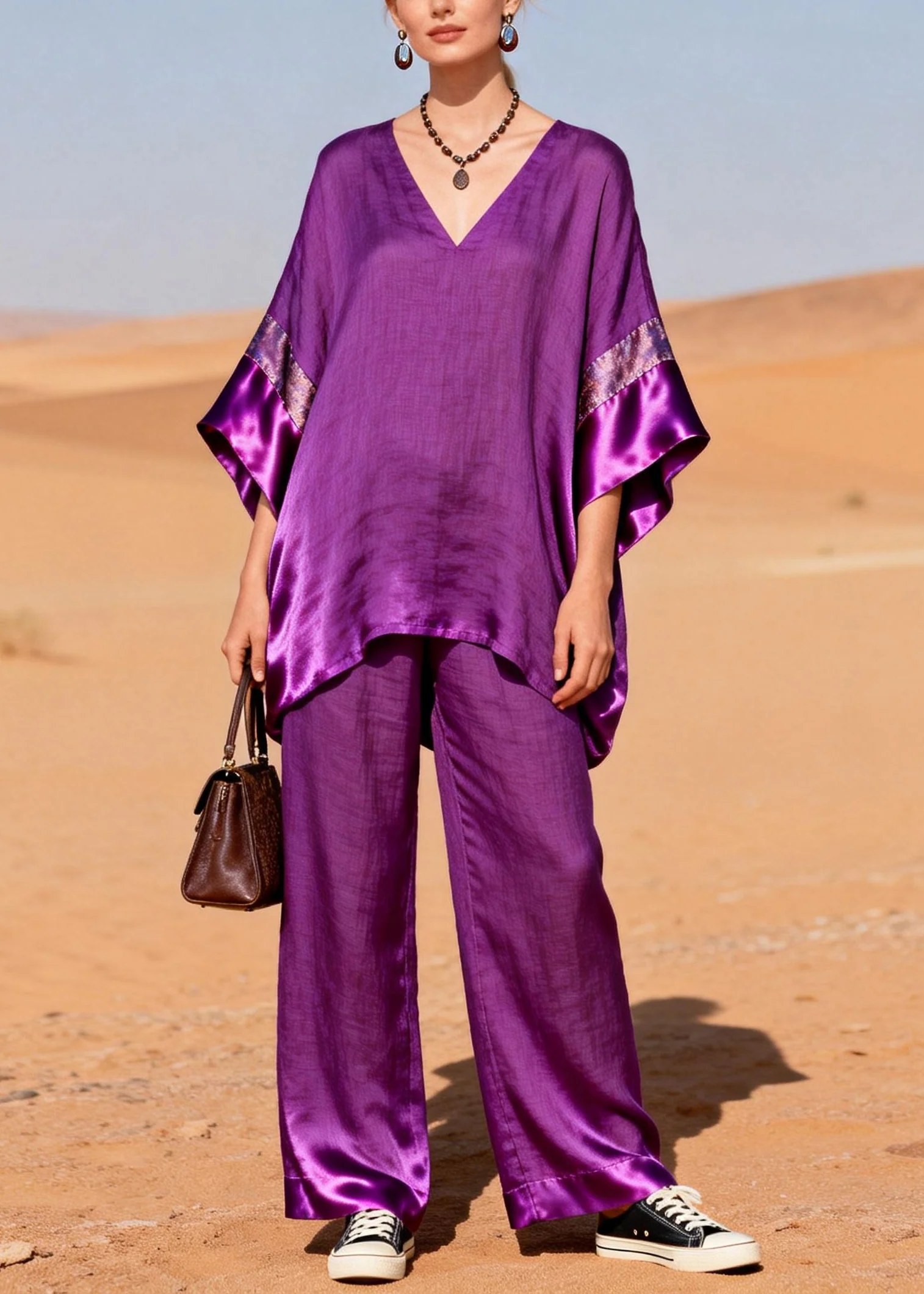 Style Purple Oversized Patchwork Silk Linen Two Pieces Set Summer - Image 3