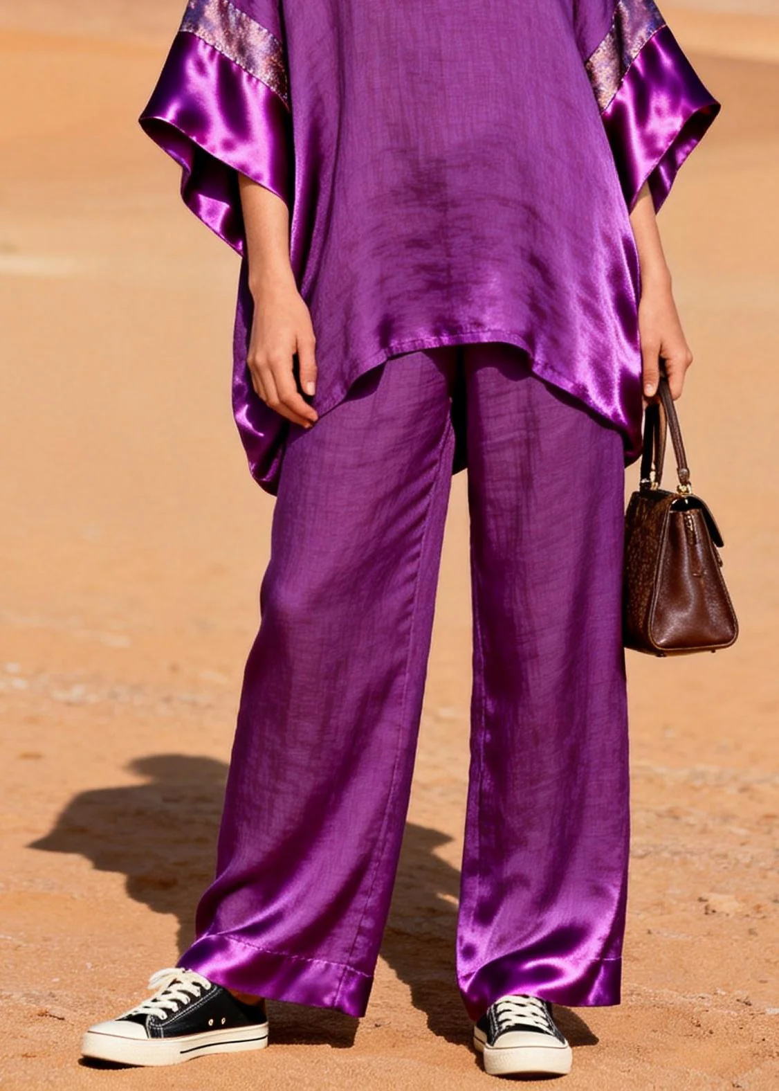 Style Purple Oversized Patchwork Silk Linen Two Pieces Set Summer - Image 4