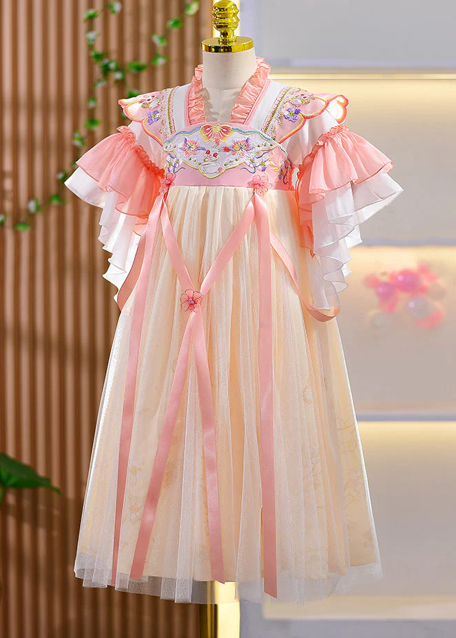 Style Purple Ruffled Embroideried Floral Patchwork Kids Girls Long Dresses Summer - Image 2