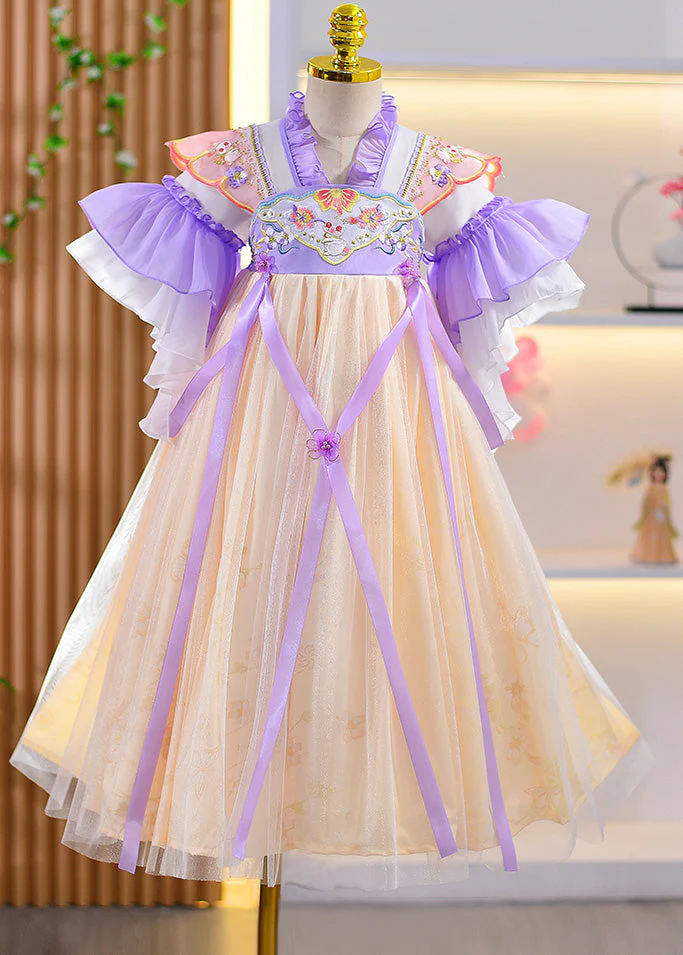 Style Purple Ruffled Embroideried Floral Patchwork Kids Girls Long Dresses Summer - Image 3