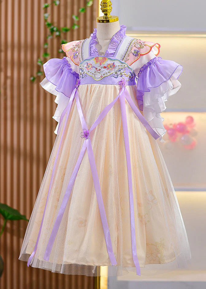 Style Purple Ruffled Embroideried Floral Patchwork Kids Girls Long Dresses Summer - Image 4