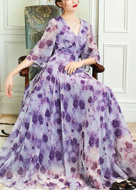 Style Purple V Neck Print Slim Chiffon Vacation Maxi Dresses Spring - Image 2
