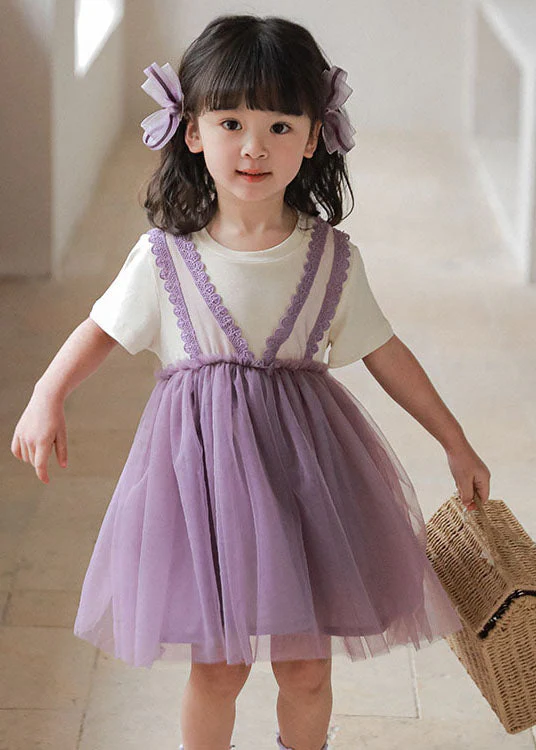 Style Purple Wrinkled Lace Patchwork False Two Pieces Tulle Baby Girls Dress Summer - Image 3