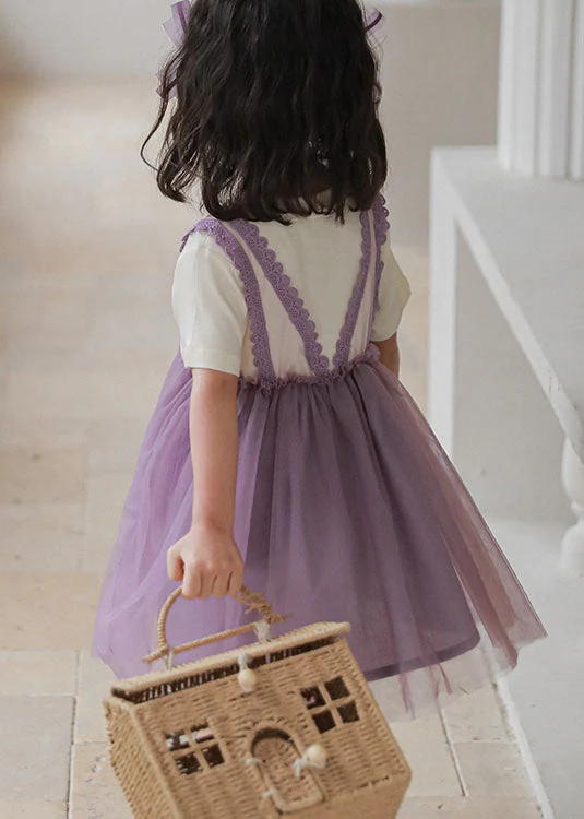 Style Purple Wrinkled Lace Patchwork False Two Pieces Tulle Baby Girls Dress Summer - Image 5