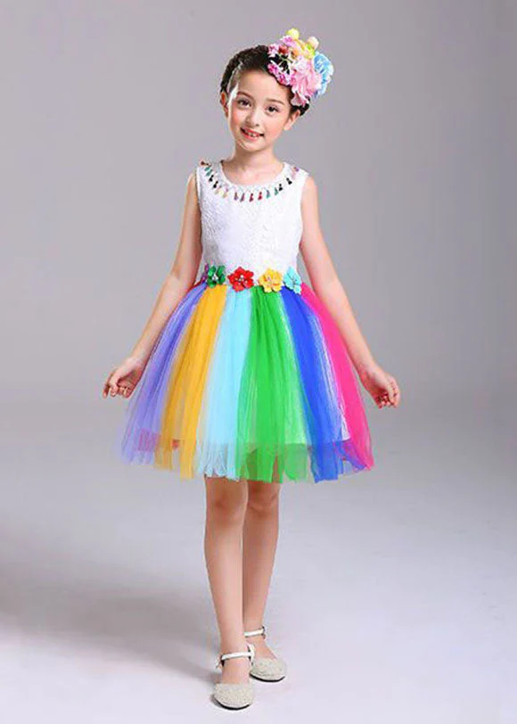 Style Rainbow O Neck Floral Patchwork Tulle Kids Girls Dresses Sleeveless - Image 2