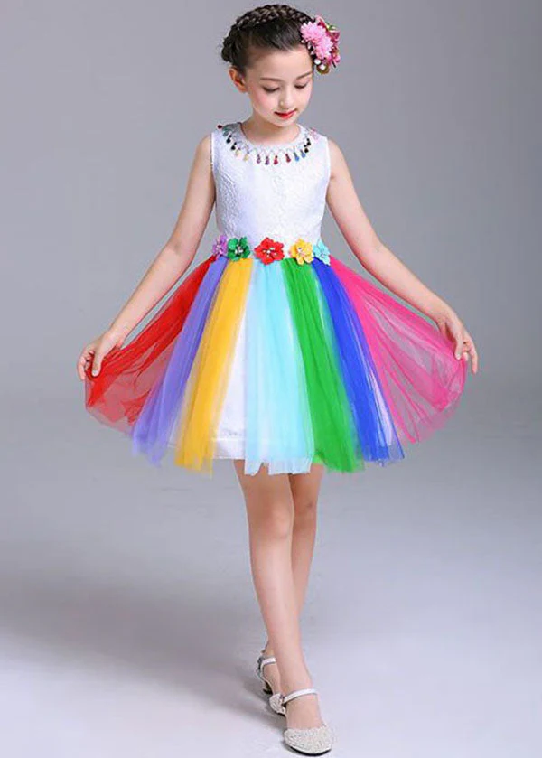 Style Rainbow O Neck Floral Patchwork Tulle Kids Girls Dresses Sleeveless - Image 3
