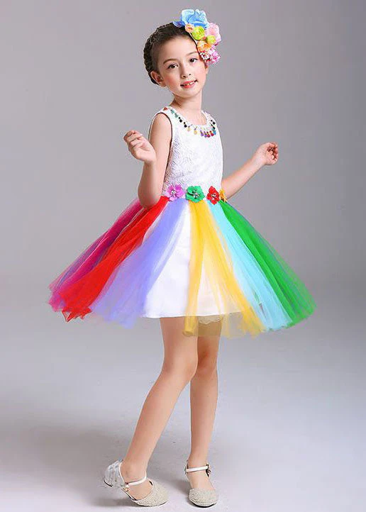 Style Rainbow O Neck Floral Patchwork Tulle Kids Girls Dresses Sleeveless - Image 4