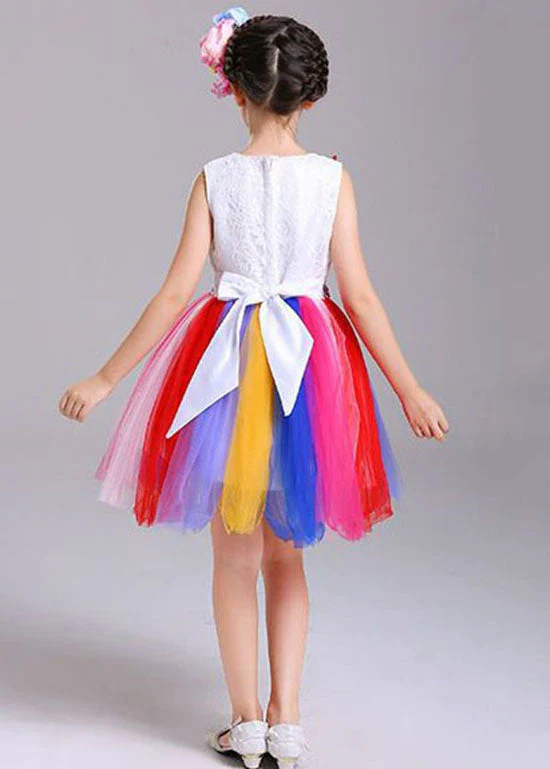 Style Rainbow O Neck Floral Patchwork Tulle Kids Girls Dresses Sleeveless - Image 5