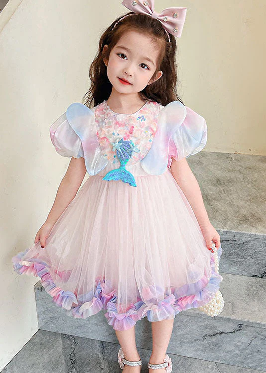 Style Rainbow Ruffled Patchwork Tulle Kids Girls Dress Summer - Image 2