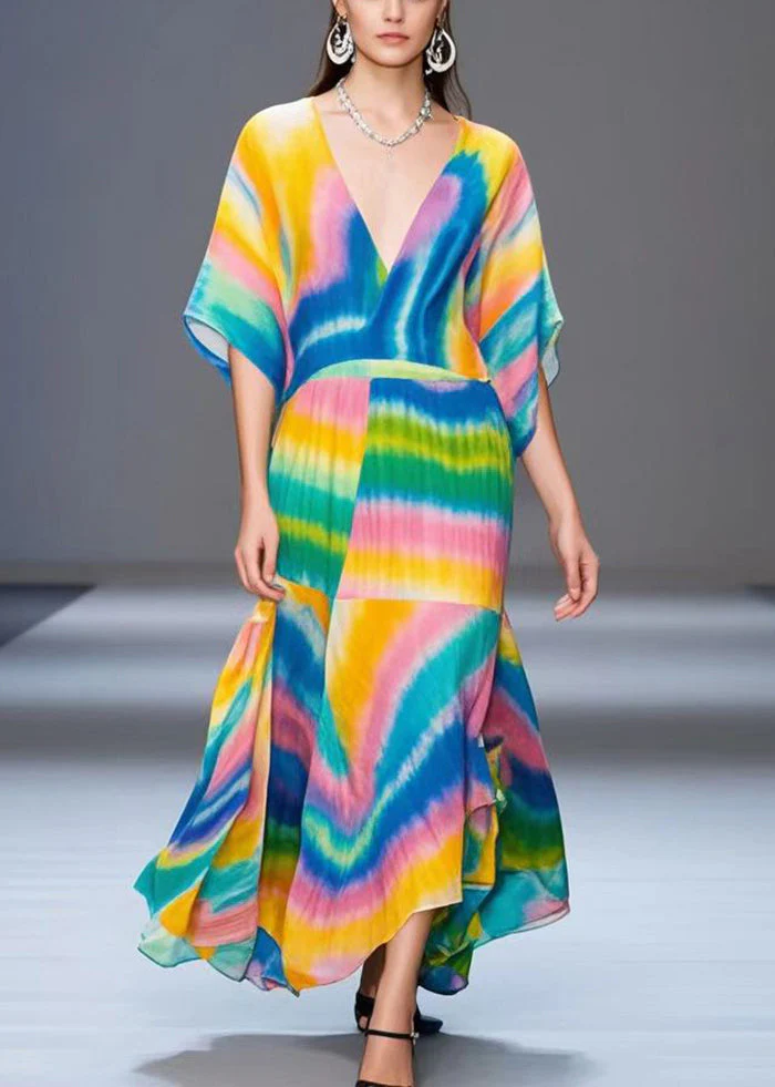 Style Rainbow V Neck Tie Dye Chiffon Ankle Dress Batwing Sleeve - Image 3