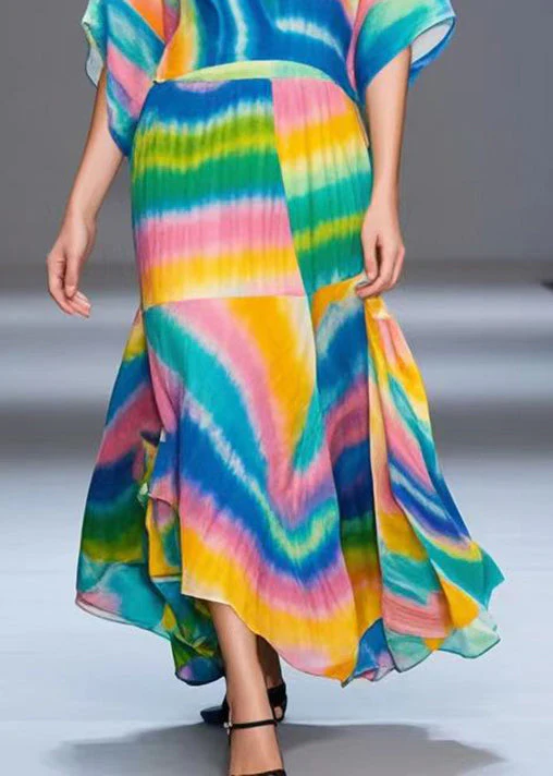 Style Rainbow V Neck Tie Dye Chiffon Ankle Dress Batwing Sleeve - Image 4