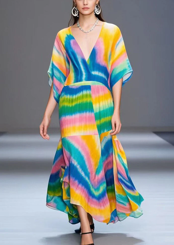 Style Rainbow V Neck Tie Dye Chiffon Ankle Dress Batwing Sleeve - Image 5