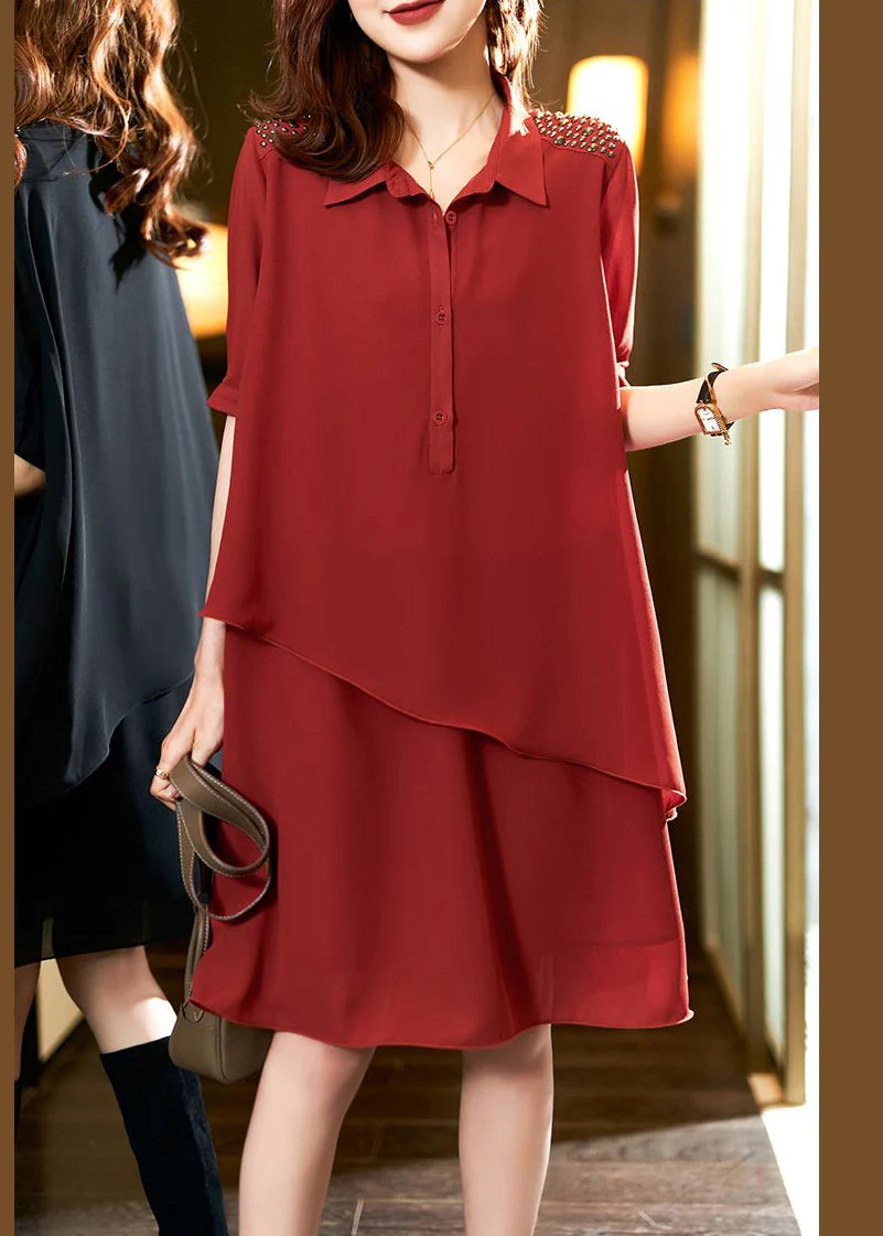 Style Red Asymmetrical Button Patchwork Chiffon Dresses Summer - Image 3