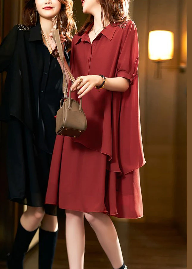 Style Red Asymmetrical Button Patchwork Chiffon Dresses Summer - Image 4