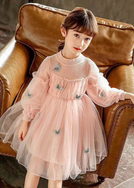 Style Red Butterfly Embroideried Knit Patchwork Tulle Kids Long Dresses Long Sleeve - Image 2