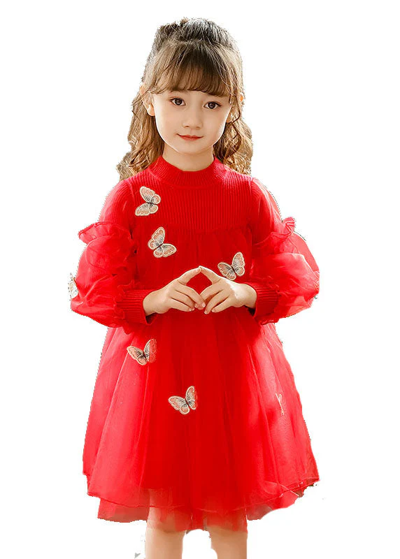 Style Red Butterfly Embroideried Knit Patchwork Tulle Kids Long Dresses Long Sleeve - Image 5