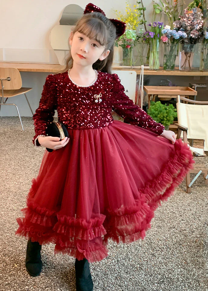 Style Red Nail Bead Tulle Patchwork Girls Long Dresses Spring - Image 2