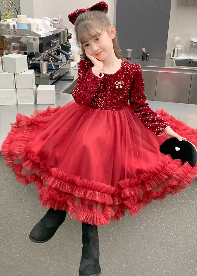 Style Red Nail Bead Tulle Patchwork Girls Long Dresses Spring - Image 3