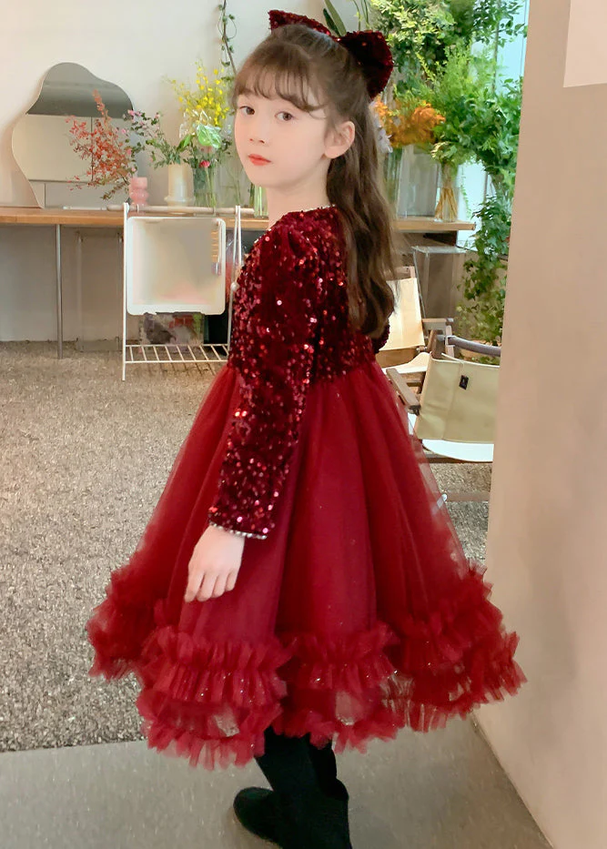 Style Red Nail Bead Tulle Patchwork Girls Long Dresses Spring - Image 4