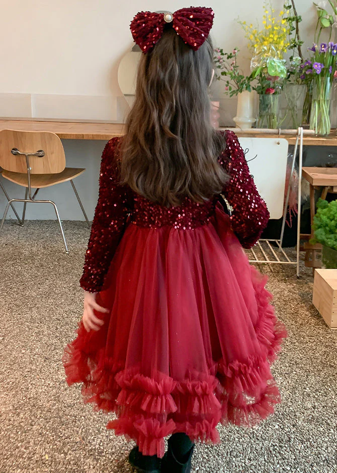 Style Red Nail Bead Tulle Patchwork Girls Long Dresses Spring - Image 5
