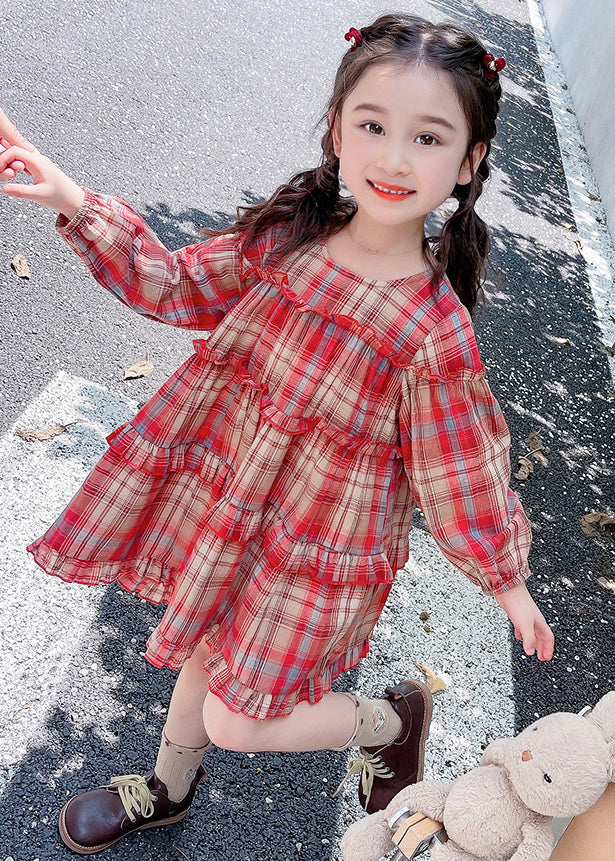 Style Red O-Neck Plaid Patchwork Girls Maxi Dress Long Sleeve - Image 2