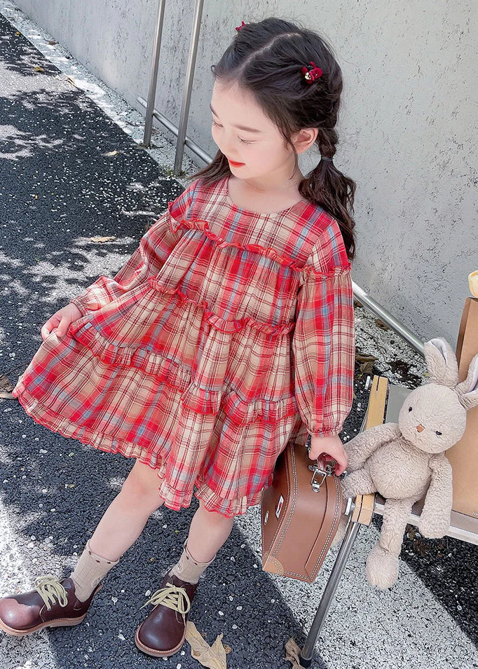 Style Red O-Neck Plaid Patchwork Girls Maxi Dress Long Sleeve - Image 4
