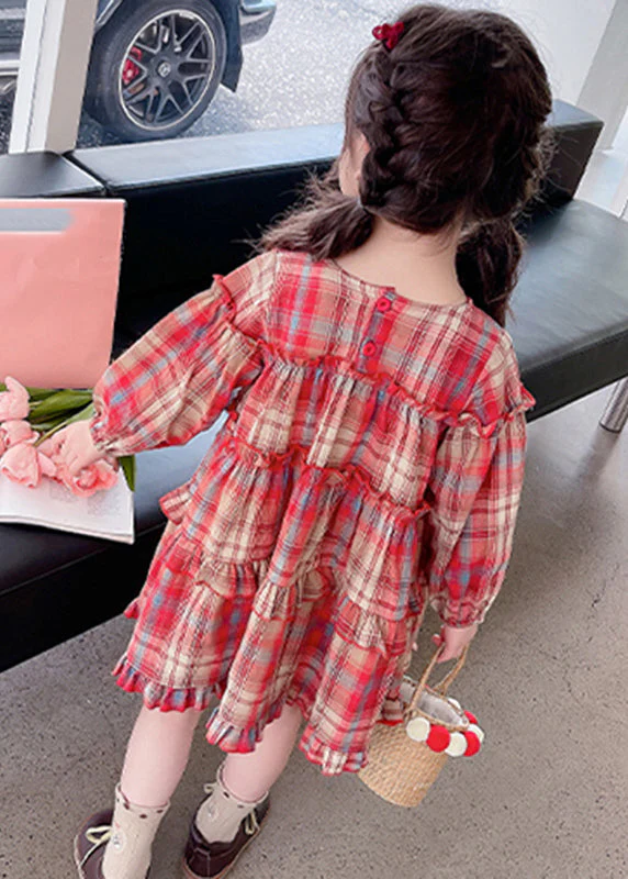 Style Red O-Neck Plaid Patchwork Girls Maxi Dress Long Sleeve - Image 5