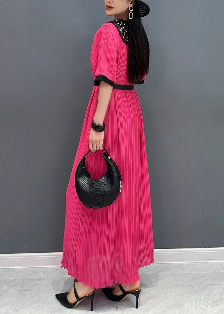 Style Red O-Neck Wrinkled Long Dress Short Sleeve - Image 4