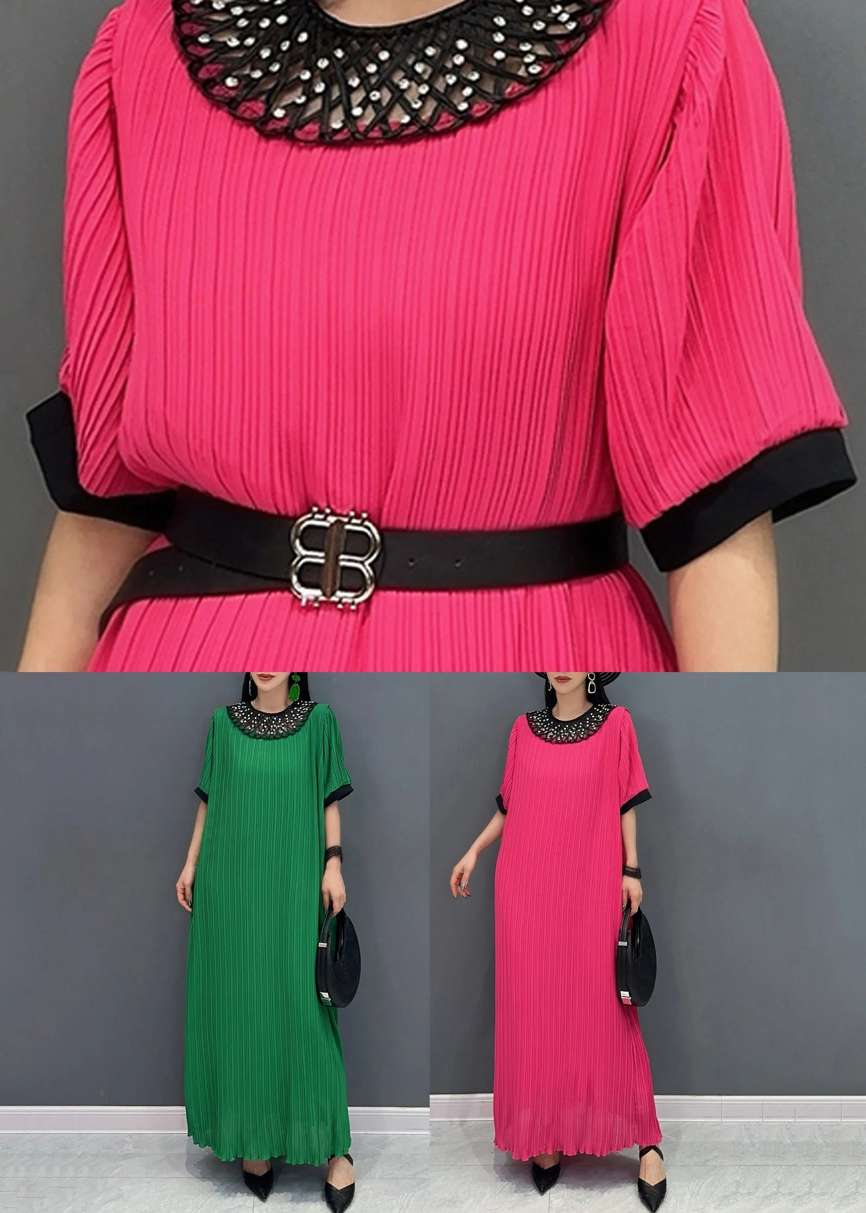 Style Red O-Neck Wrinkled Long Dress Short Sleeve - Image 5