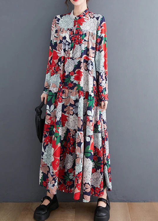 Style Red Oversized Patchwork Print Chiffon Vacation Dress Spring - Image 2
