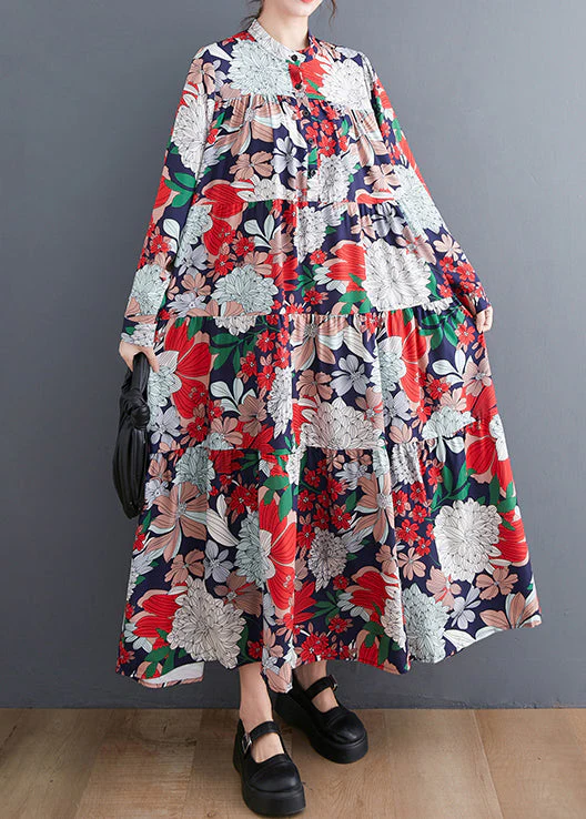 Style Red Oversized Patchwork Print Chiffon Vacation Dress Spring - Image 3