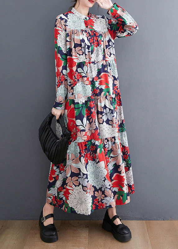 Style Red Oversized Patchwork Print Chiffon Vacation Dress Spring - Image 4