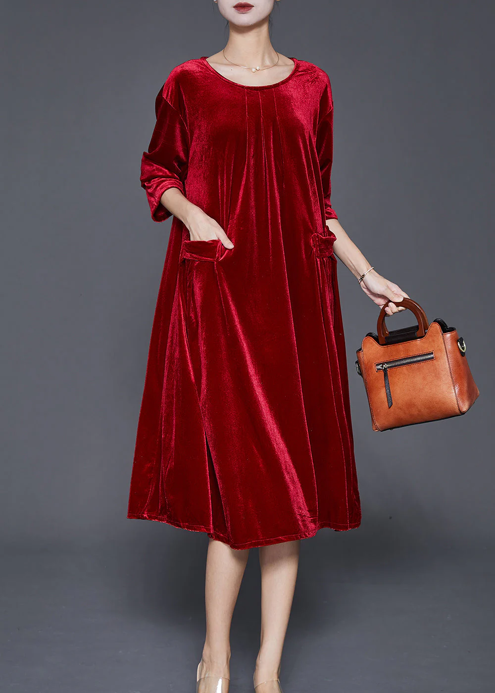 Style Red Oversized Pockets Silk Velour Dress Fall - Image 2