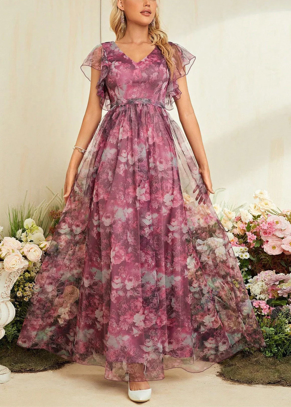 Style Red Print High Waist Tulle Maxi Dress Summer - Image 2