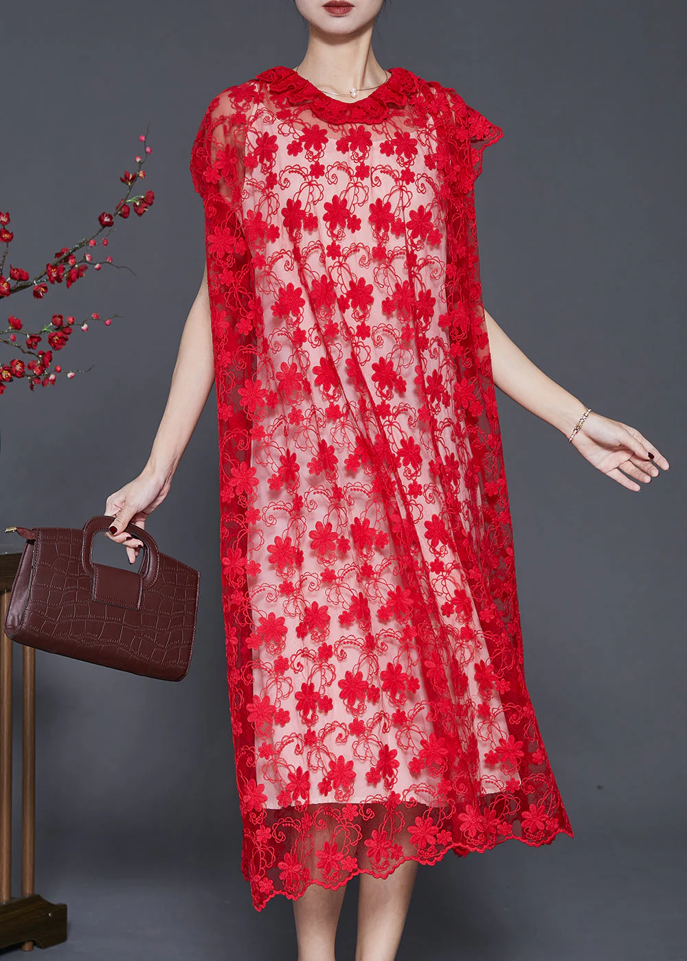 Style Red Ruffled Embroidered Hollow Out Tulle Dress Summer - Image 2