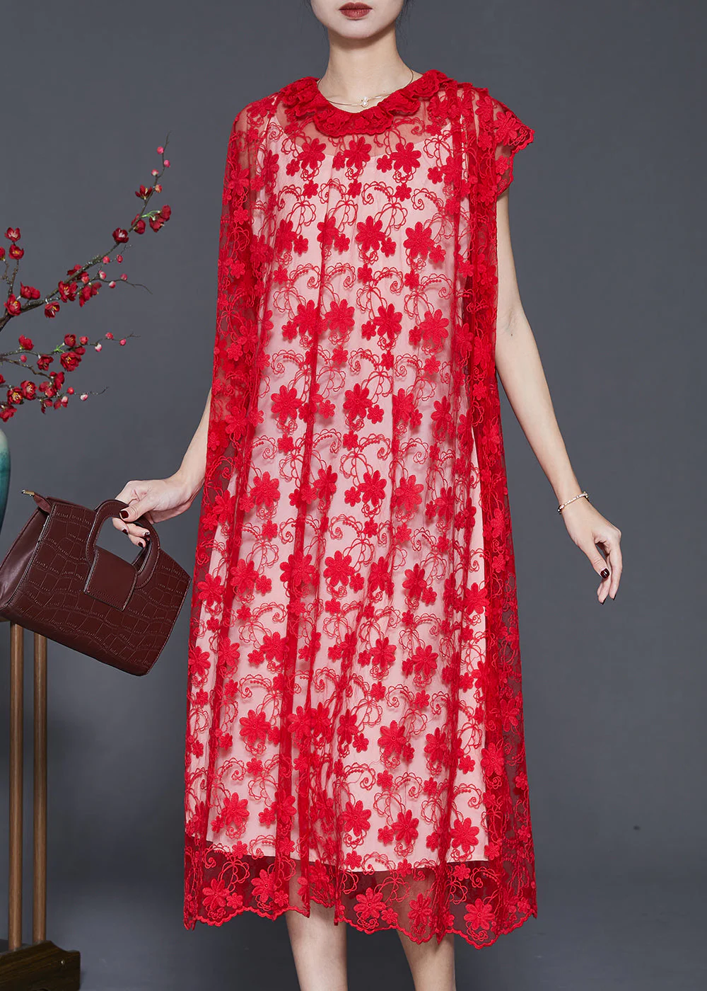 Style Red Ruffled Embroidered Hollow Out Tulle Dress Summer - Image 3