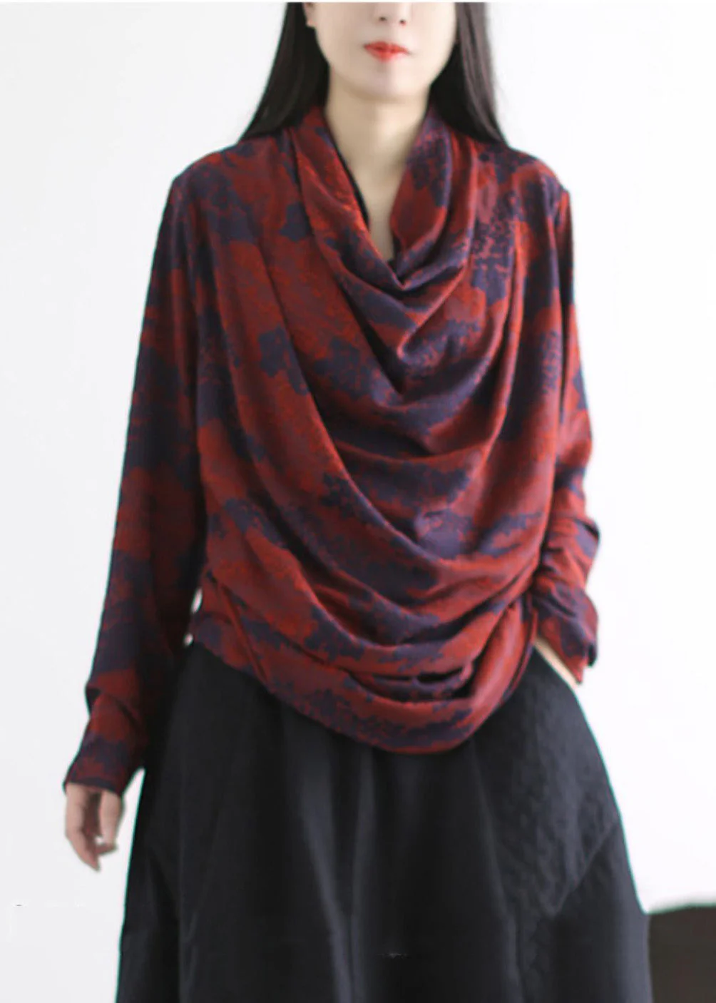 Style Red Turtle Neck Wrinkled Cotton Shirts Spring
