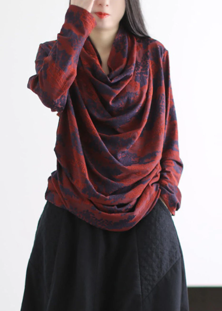 Style Red Turtle Neck Wrinkled Cotton Shirts Spring - Image 2