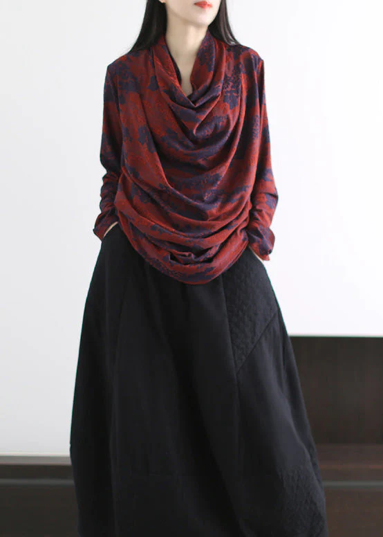 Style Red Turtle Neck Wrinkled Cotton Shirts Spring - Image 4
