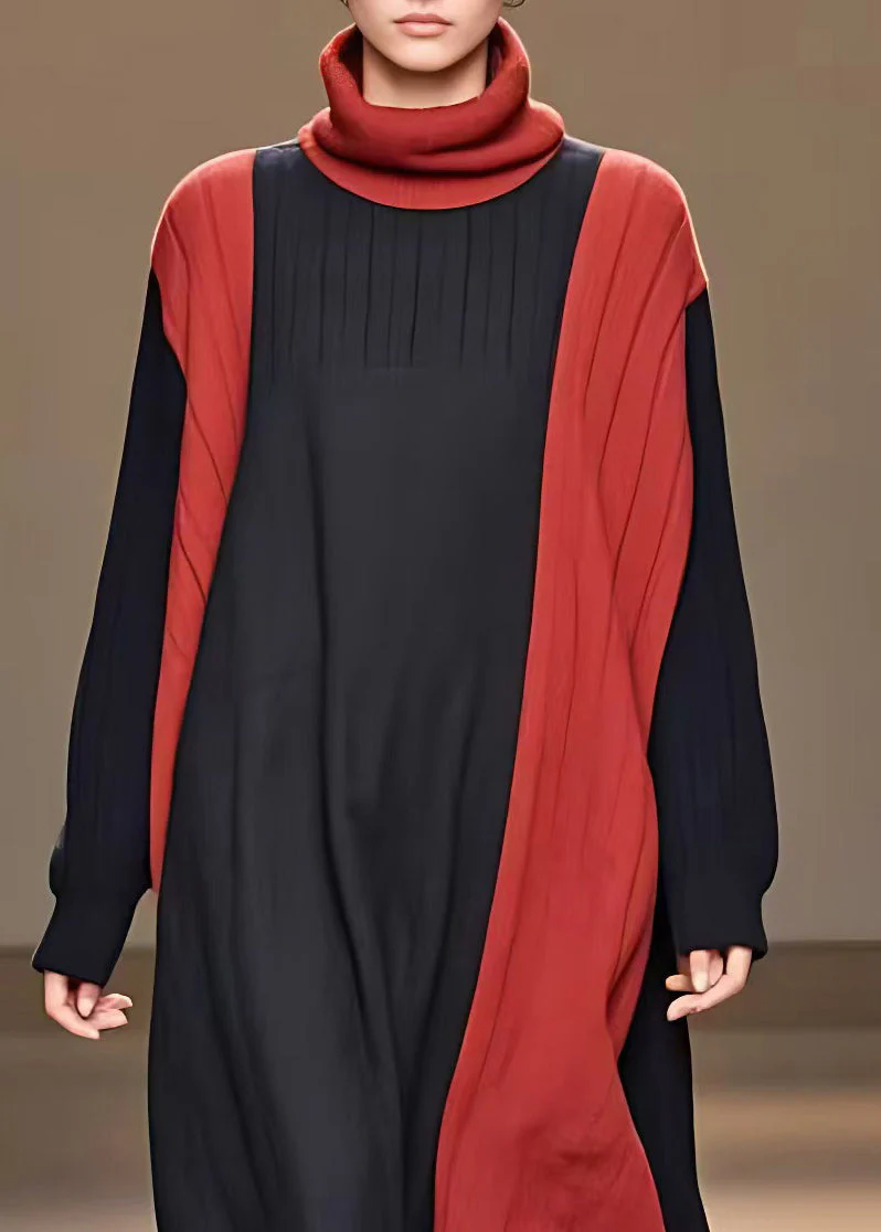 Style Red Turtleneck Vacation Long Dresses Fall - Image 3