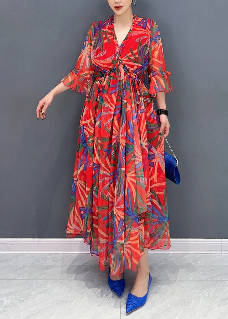 Style Red V Neck Drawstring Vacation Chiffon Maxi Dresses Summer - Image 3